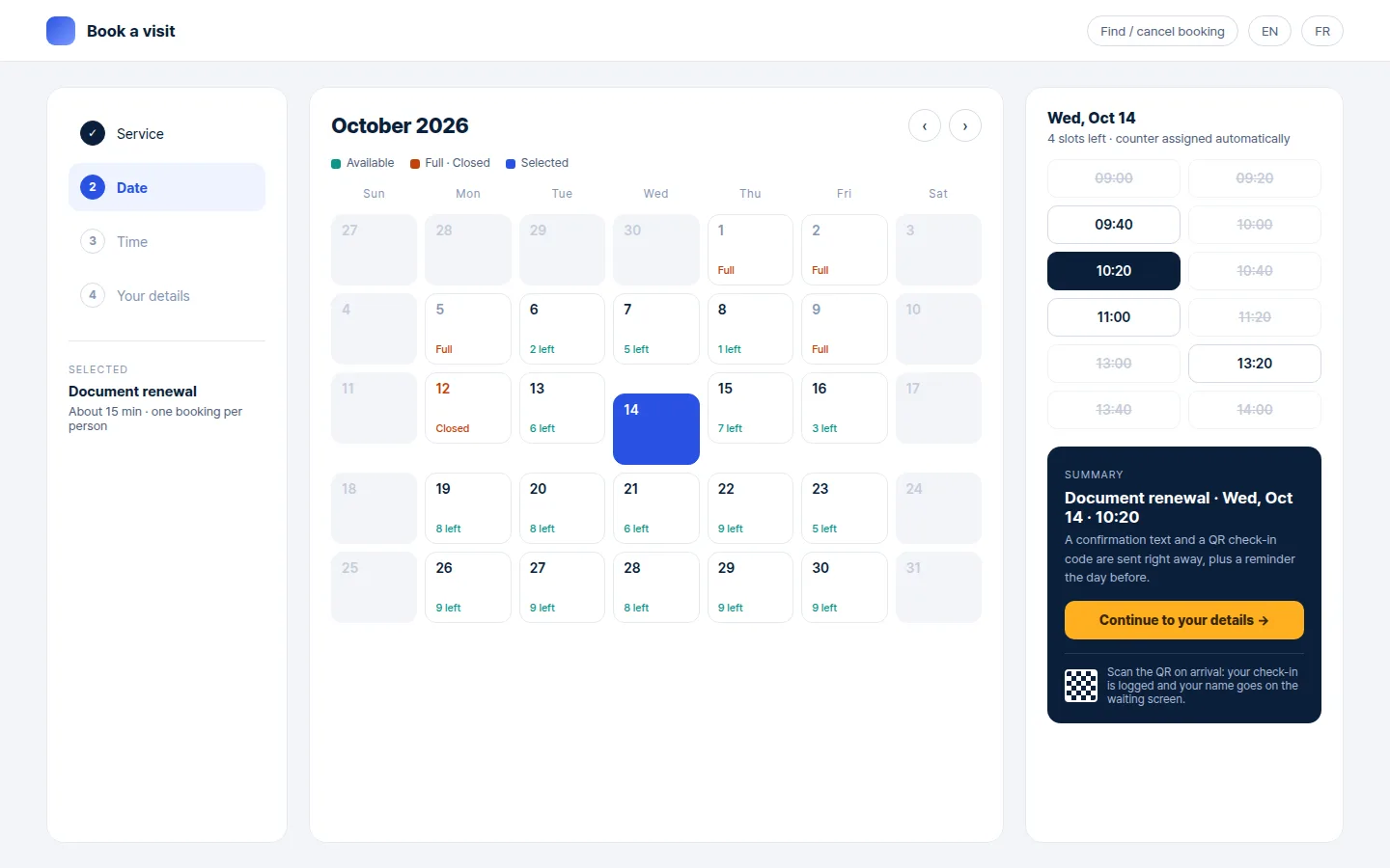 Online booking: pick a date and time